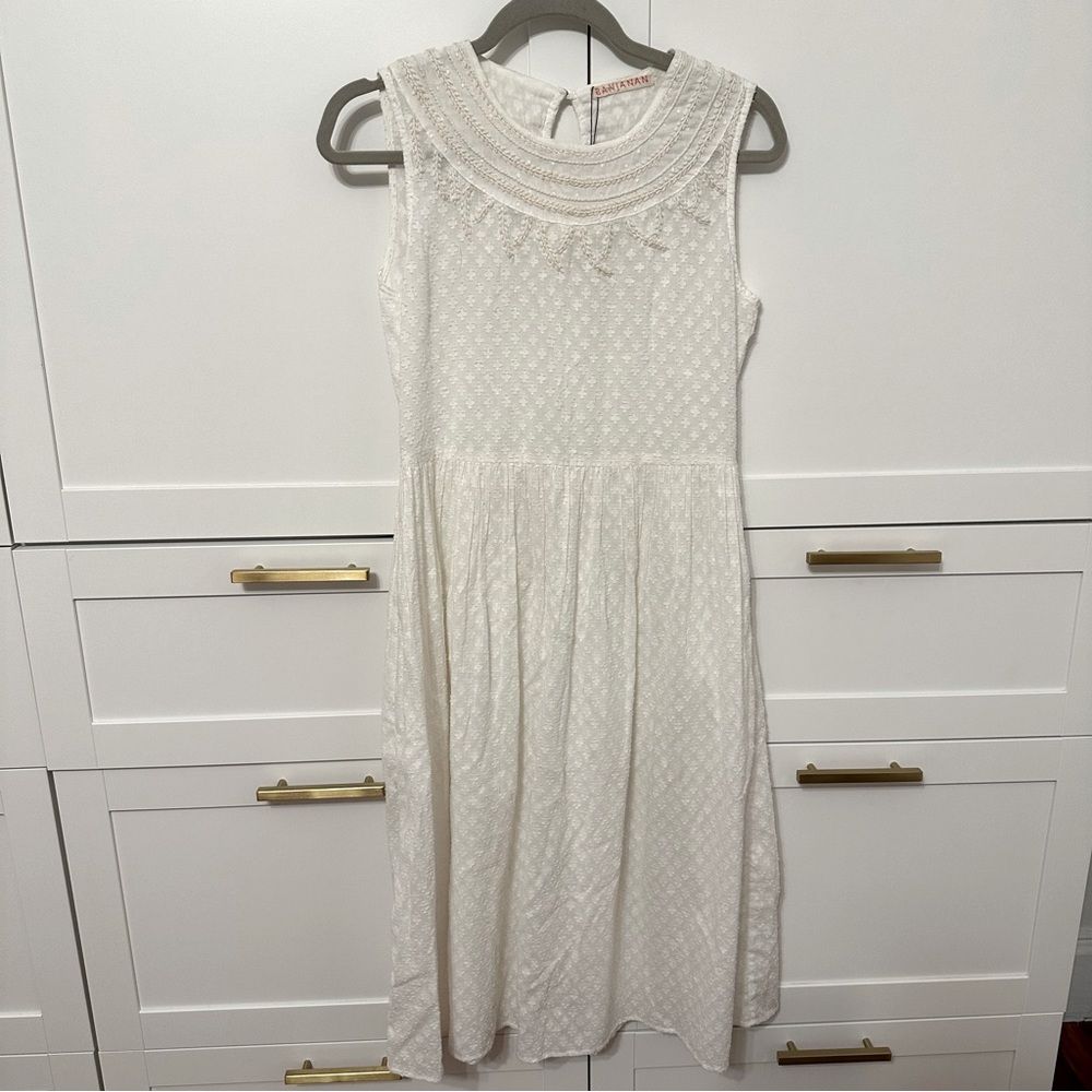 Banjanan white cotton midi dress extra small xxs xs sleeveless embroidery